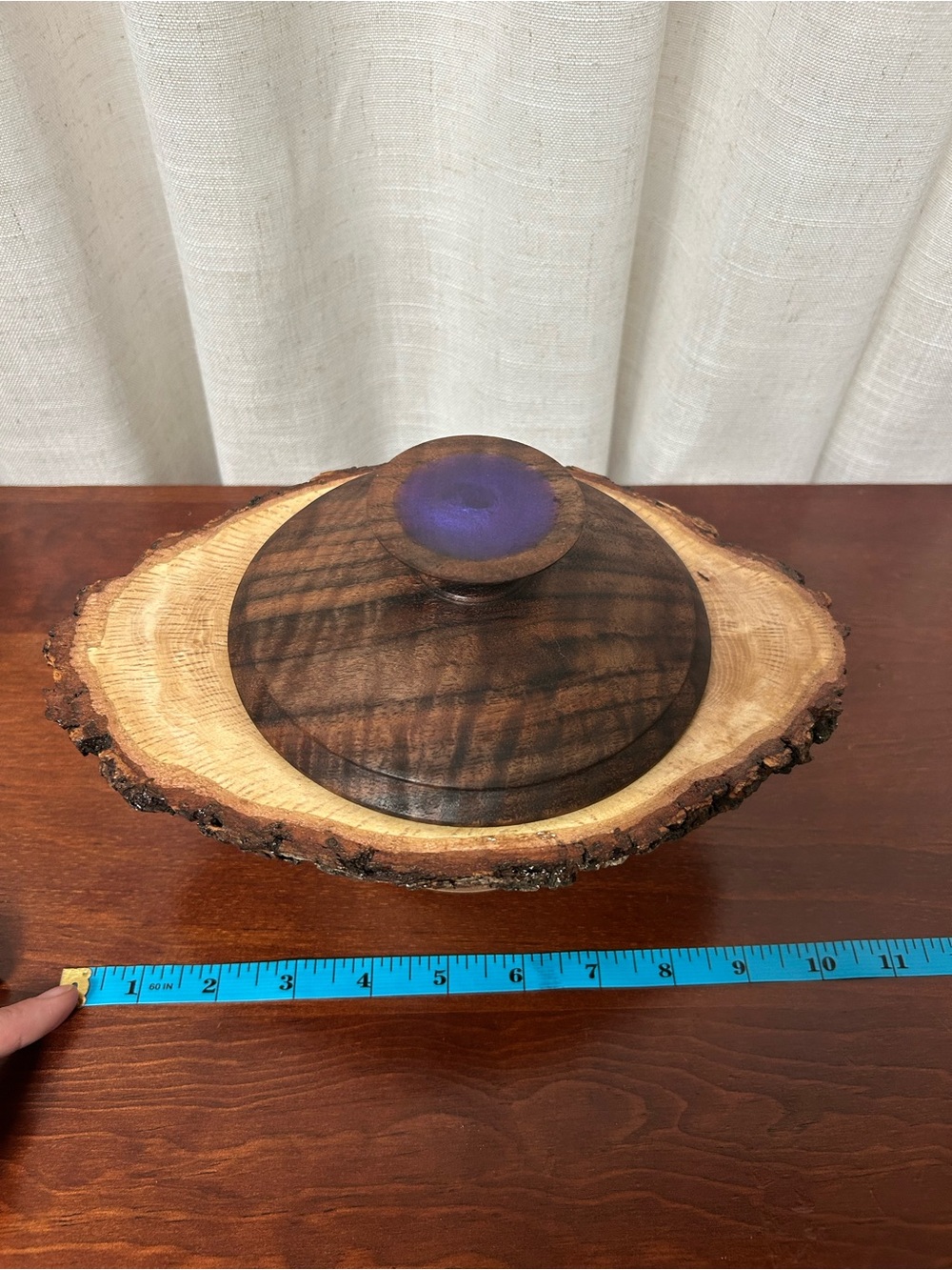 Handcrafted Oak Burl Bowl with Walnut Lid Live Edge Artisan Woodworking Decor - Picture 9 of 10